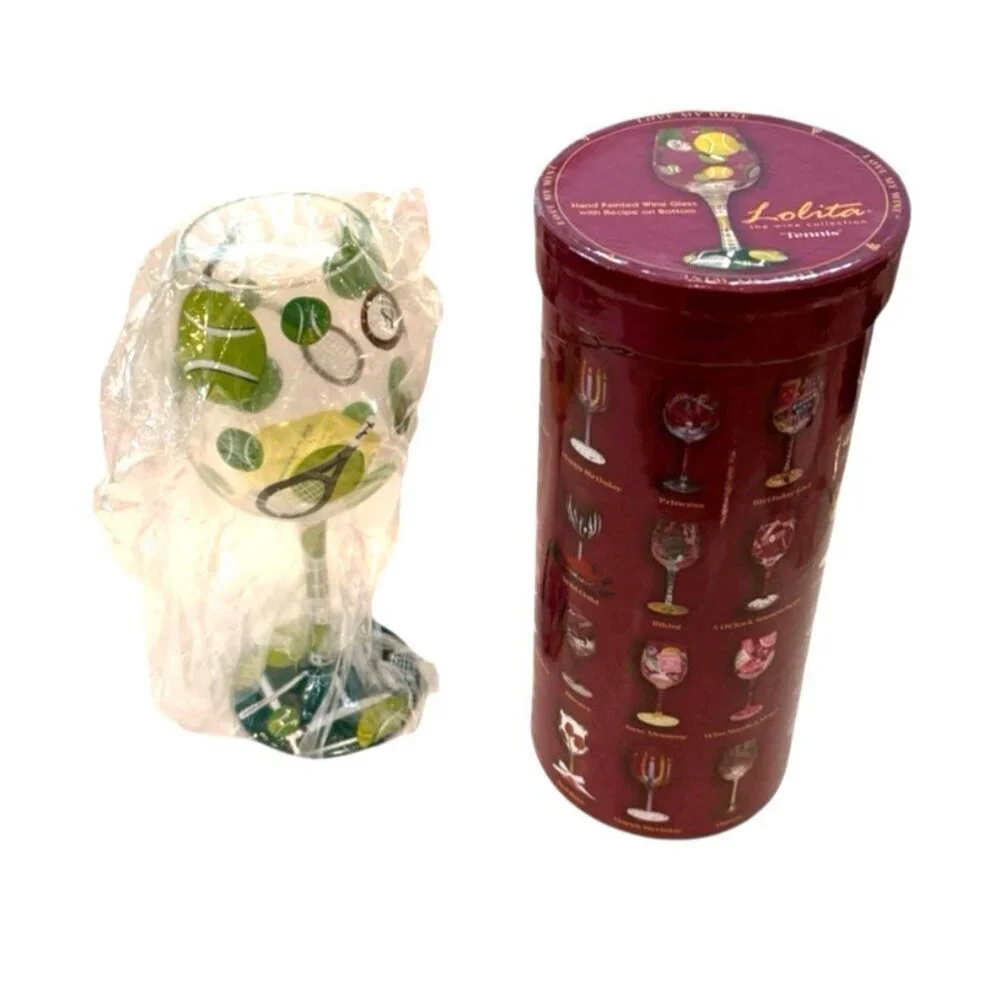 Lolita Hand Painted Tennis Balls Racket Pickleball Wine Glass Recipe Box NOB